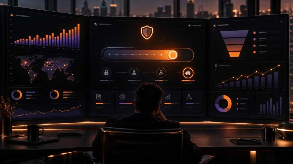 Ilustração conceitual representando o controle e os limites de autonomia de IA em vendas B2B.