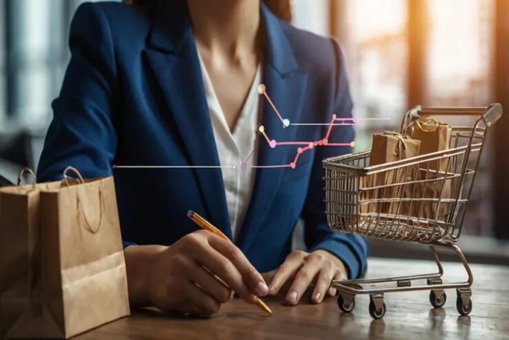 Mulher analisando dados de vendas ao lado de carrinho de compras, representando autonomia em vendas.