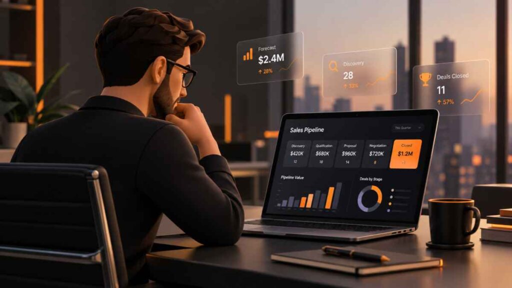 Executivo de contas B2B analisando pipeline e métricas de vendas no CRM.