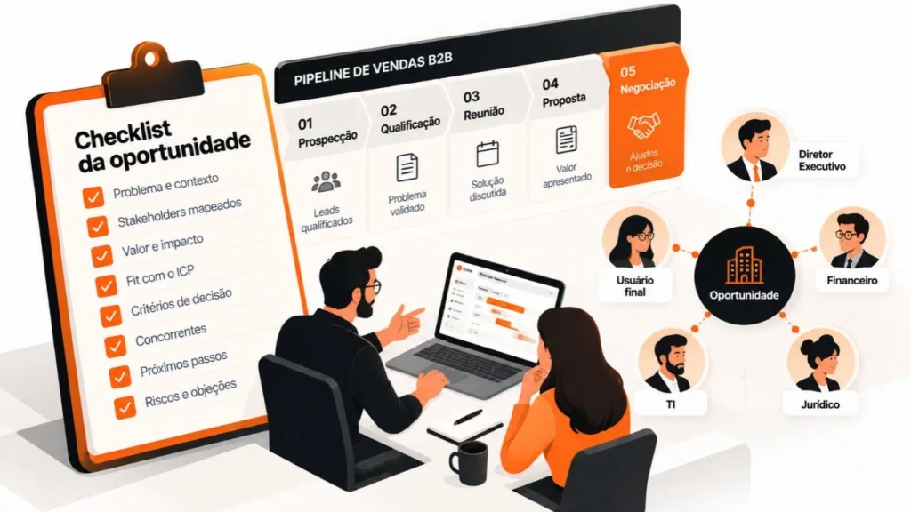 Ilustração de um checklist corporativo para validação e revisão do mapa de stakeholders no pipeline de vendas.