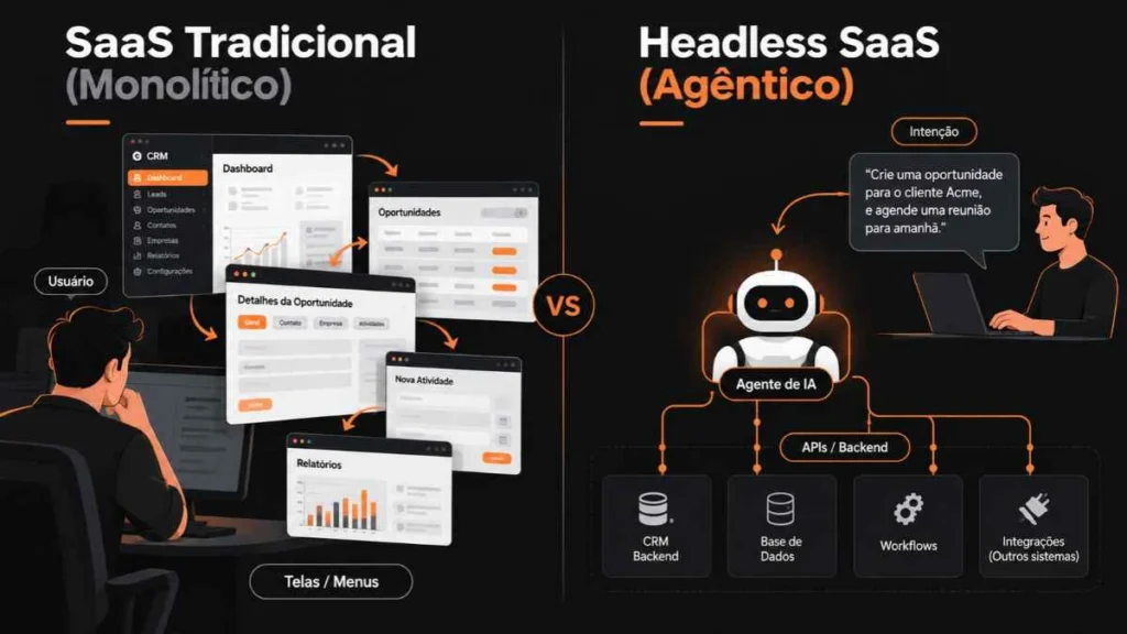 Diagrama comparativo entre SaaS tradicional centrado em interfaces e Headless SaaS acionado por agentes de IA via APIs.