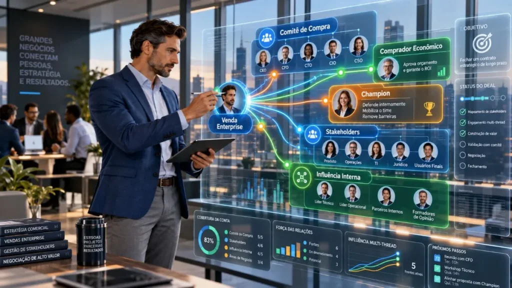 Banner ilustrando um profissional de vendas mapeando estrategicamente o comitê de compra e gerenciando múltiplos decisores B2B através de multithreading em uma venda enterprise complexa.