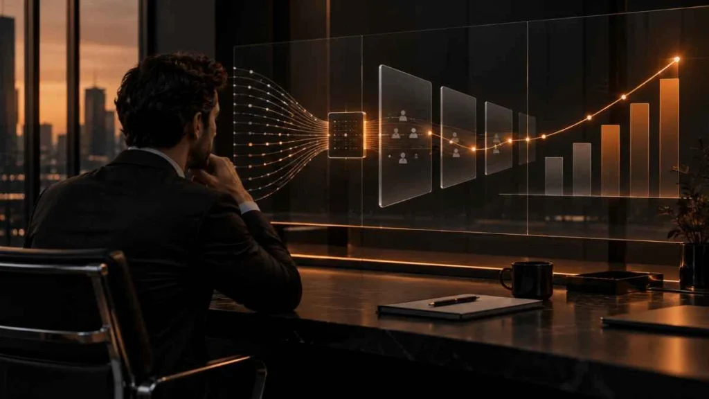 Executivo analisando painel digital com fluxo de inteligência artificial conectado a métricas comerciais e gráfico de ROI de IA em vendas.