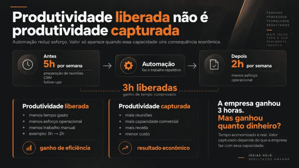 Infográfico sobre ROI de IA mostrando a diferença entre produtividade liberada (ganho de tempo) e produtividade capturada (resultado financeiro).