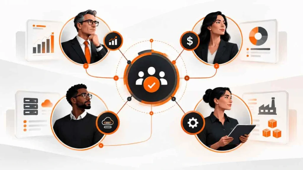 Ilustração conceitual representando a rede de stakeholders conectados na tomada de decisão em vendas B2B.