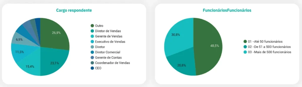 Dois gráficos de pizza da pesquisa de planejamento comercial. Cargos dos respondentes: outro (26,9%), diretor de vendas (23,1%), gerente de vendas (15,4%), executivo de vendas (11,5%), diretor (6,9%), diretor comercial (aproximadamente 5%), gerente de contas (aproximadamente 5%), coordenador de vendas (aproximadamente 3%) e CEO (aproximadamente 3%). Número de funcionários: até 50 (48,5%), de 51 a 500 (20,8%) e mais de 500 (30,8%).