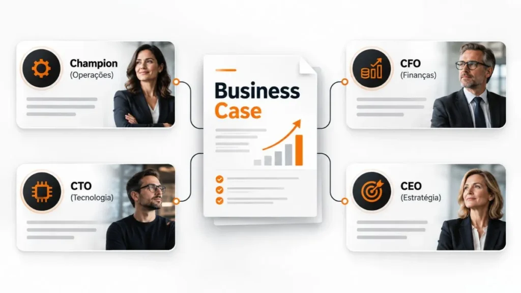 Diagrama demonstrando o alinhamento de um business case em vendas com múltiplos stakeholders como CFO, CEO e Champion.