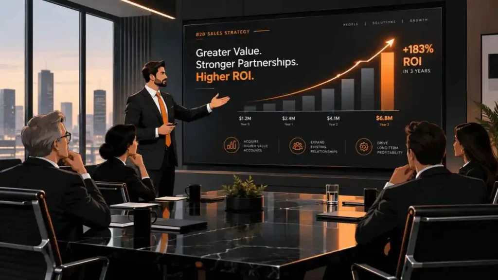 Ilustração de uma reunião executiva B2B onde um business case em vendas e gráficos de ROI são apresentados para a diretoria.