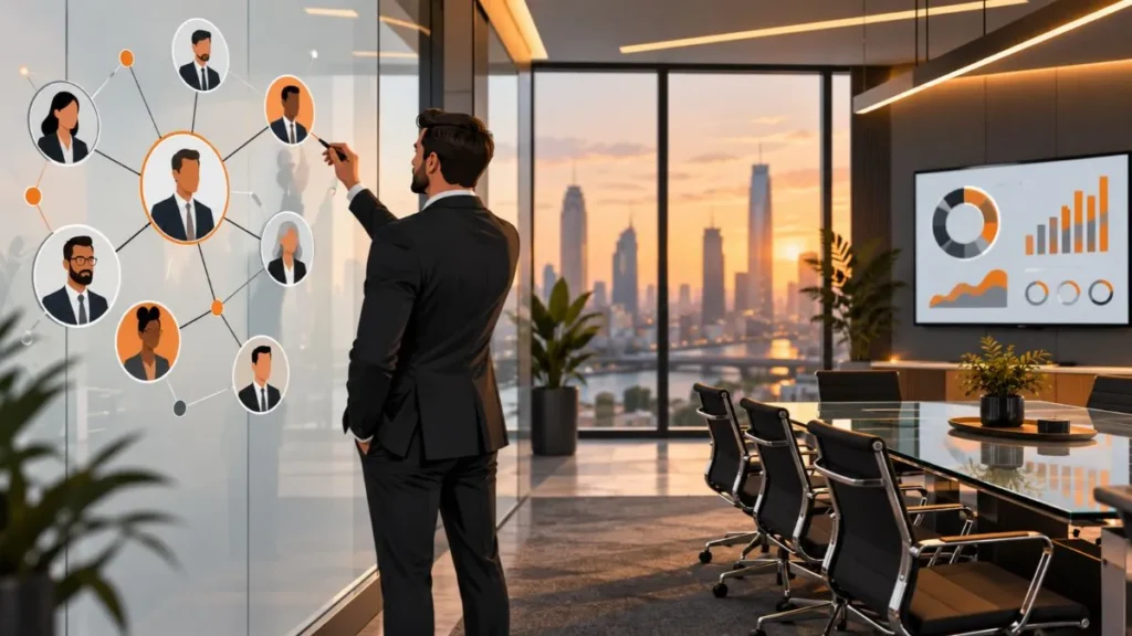 Ilustração de capa para o blog Receita Previsível sobre comitê de compra B2B, mostrando um profissional desenhando um mapa de múltiplos decisores e stakeholders em uma sala de reuniões corporativa.