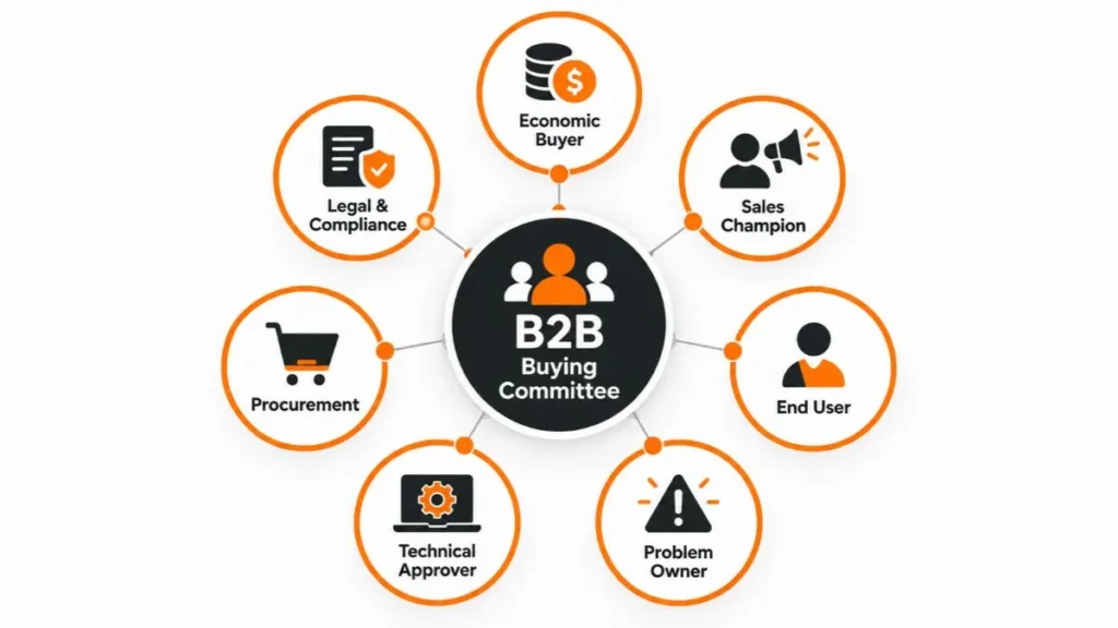 Infográfico mostrando os 7 papéis do comitê de compra B2B: comprador econômico, champion, usuário final, responsável pelo problema, aprovador técnico, procurement e jurídico.