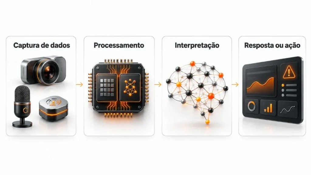 Diagrama das quatro etapas de um sistema de hardware de IA: captura de dados, processamento, interpretação e resposta.
