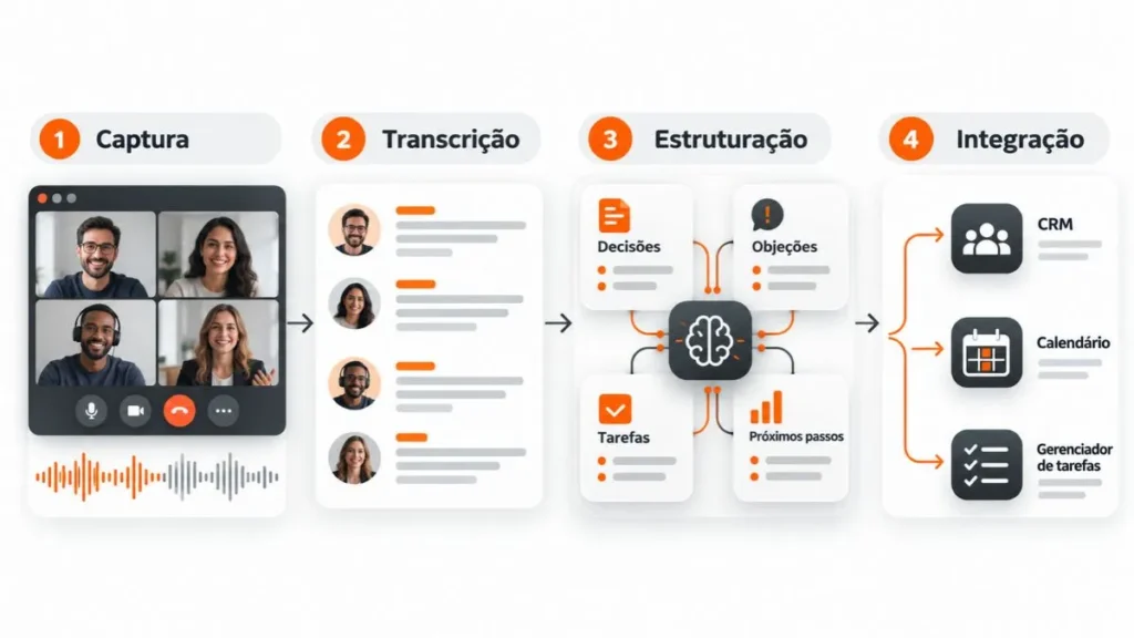 Diagrama das quatro etapas de um notetaker com IA: captura da reunião, transcrição, estruturação das informações e integração com sistemas.