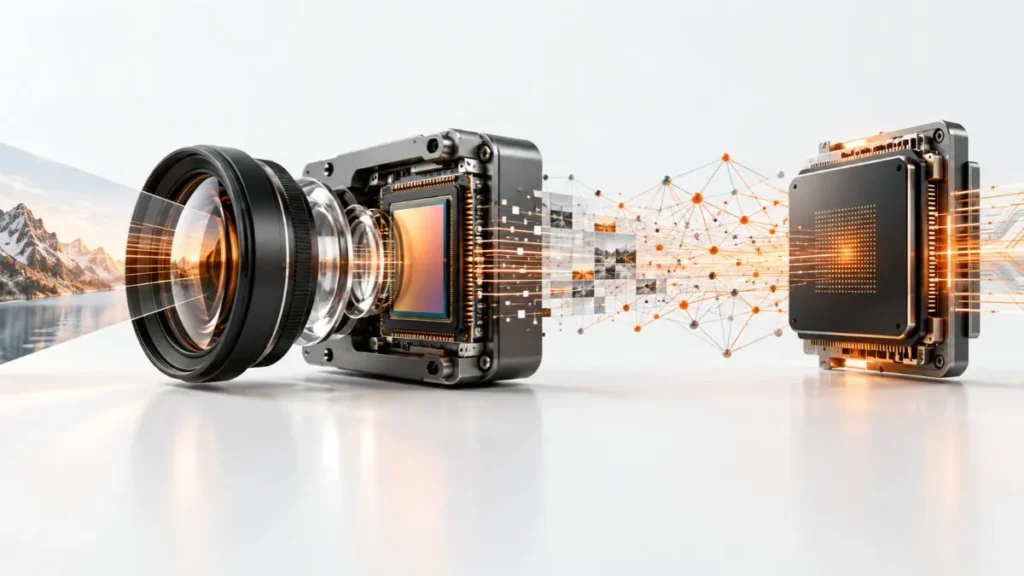 Ilustração de hardware de IA com câmera, sensor de imagem e chip de processamento conectados por fluxos de dados.