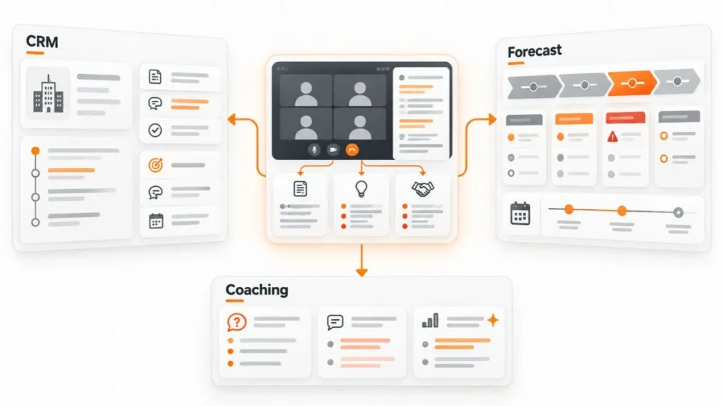 Diagrama de inteligência de reuniões mostrando como os dados de uma conversa comercial podem apoiar CRM, forecast e coaching de vendas.