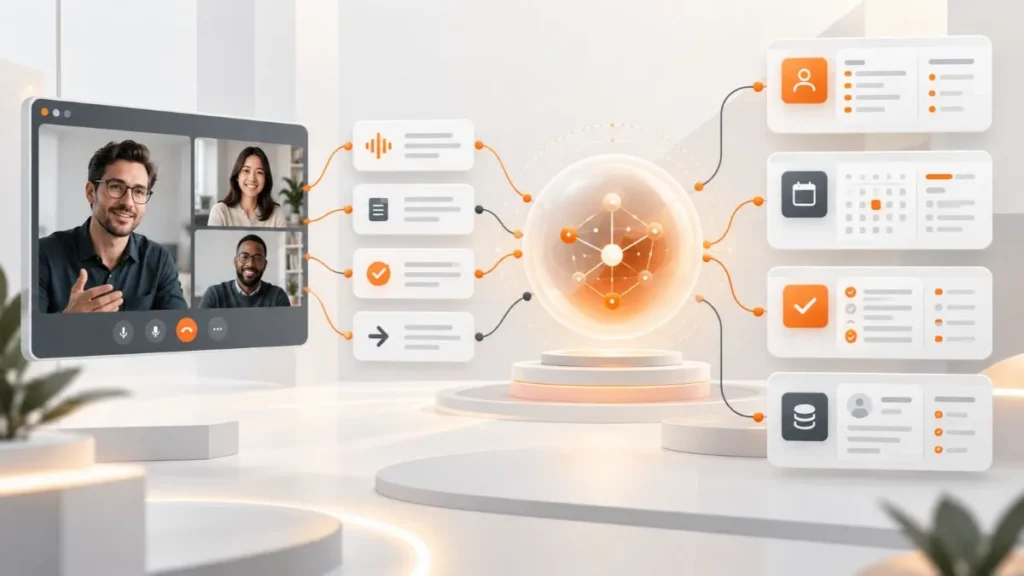 Ilustração de uma reunião comercial conectada à inteligência artificial, ao CRM e a sistemas de gestão de informações.