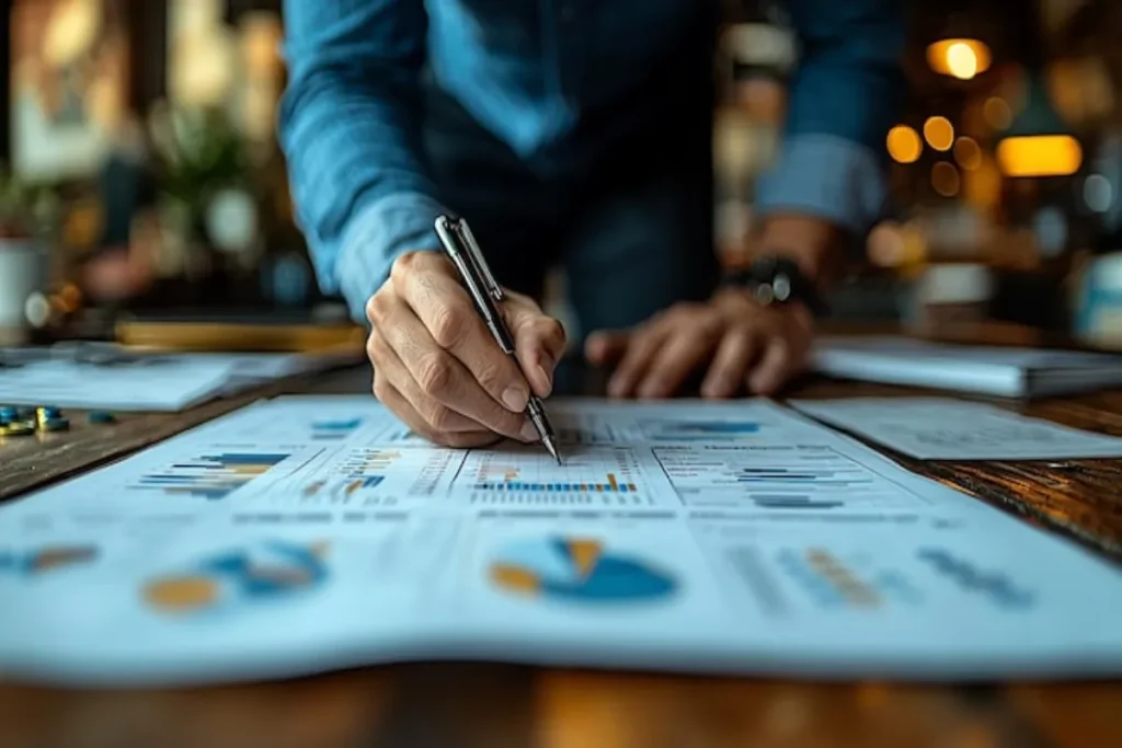 Pessoa analisa gráficos impressos e faz anotações, ilustrando a pesquisa de planejamento comercial.