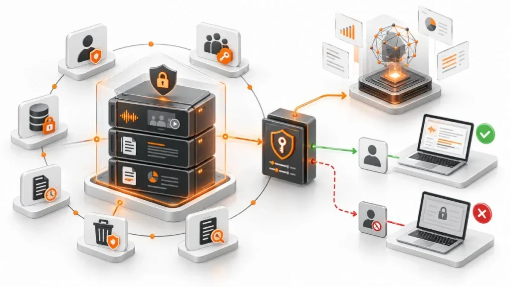Arquitetura de governança de dados para notetakers com IA, com controles de acesso, criptografia, retenção e autorização de agentes.