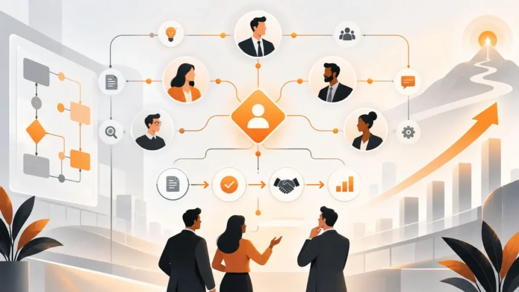 Ilustração conceitual sobre o processo de compra B2B e a jornada de decisão em vendas complexas.